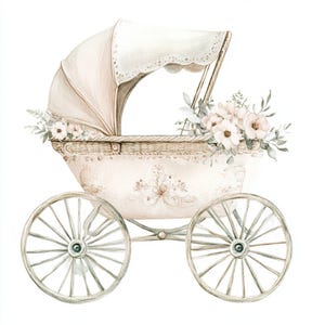 May include: A watercolour illustration of a vintage baby carriage in soft pastel colours. The carriage has a cream-coloured body with floral accents, a wicker basket, and large spoked wheels. A canopy and floral arrangement complete the design.