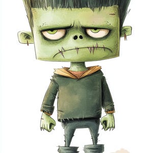 Frankenstein Art, Cute Monster Art, Green Halloween Boy, Kids Spooky Clipart, Zombie Kid Print, Cartoon Undead, Quirky Halloween, Scary Cute