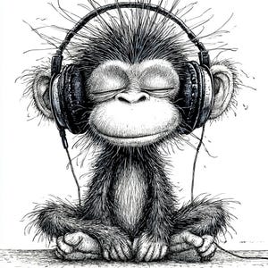 Affe Kopfhörer CLIPART, Musikliebhaber Primaten-Skizzen-Set, moderne Tierillustration, wunderliche Tinten-Charakter-Sammlung