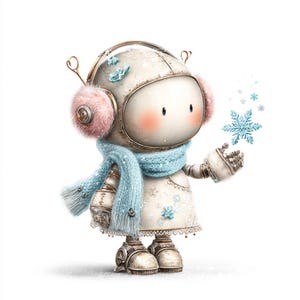 冬のボットアート、かわいい雪のボット、雪の結晶のアート、フロスティロボット、アイシーフレンズ、心地よい冬、青いスカーフのボット、雪景色、冬の友達