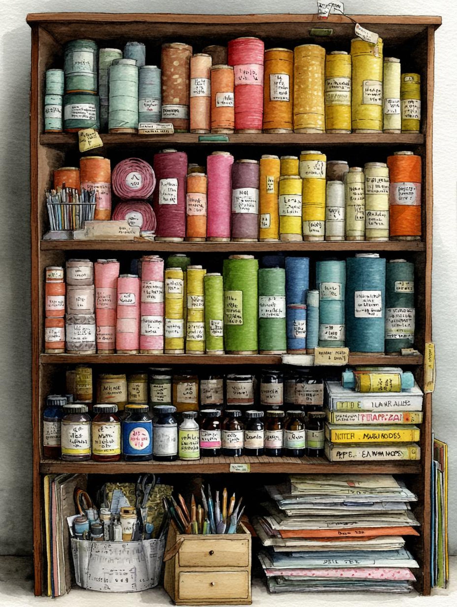 Craft Room, Sewing Stash, Fabric Rolls, Yarn Storage, Colorful Spools ...