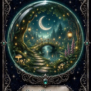 May include: A circular glass orb featuring a night scene with a crescent moon, a stone bridge over a stream, glowing lanterns, and mushrooms. The orb is encased in an ornate silver frame with a plaque at the bottom reading Orb of Enchantment.