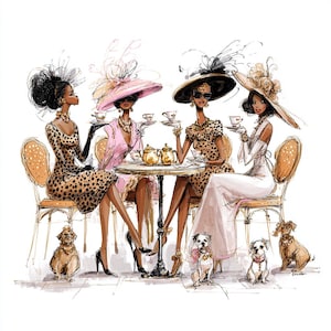 Puede incluir: Ilustración de cuatro mujeres elegantes, sentadas alrededor de una mesa, tomando té. Cada mujer lleva un sombrero elegante y sostiene una taza de té. La escena incluye pequeños perros y teteras doradas, creando un ambiente sofisticado.