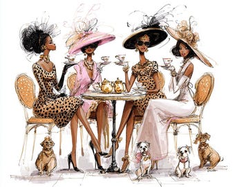 Clipart de festa do chá elegante para senhoras, mulheres com moda vintage em PNG, ilustração de chá da tarde, senhoras com chapéus estilosos, cena com bule de chá