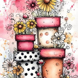 flores caprichosas, vasos de bolinhas, buquê de margaridas, arte de florista, arte floral rosa, vasos de flores fofos, arte de flores da primavera, impressão de arte de jardim,