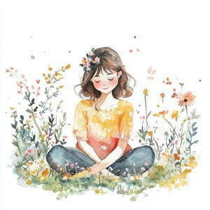 Art de fille pleine de conscience, art floral calme, illustration paisible, aquarelle de fille, art bien-être mental, fille lunatique, humeur nature, images jpg