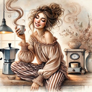 Morgenkaffee, gemütlicher Morgen, Kaffeezeit, faule Tagesstimmung, wunderliche Kunst, Boho Ästhetik, verträumte Illustration, JPG-Bilder
