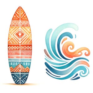Tavole da surf e onde, arte della tavola da surf, onde dell'oceano, vibrazioni della spiaggia, surf ad acquerello, design tropicale, scrapbooking, effimere, immagini JPG,