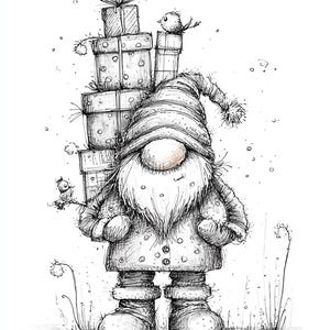 May include: A whimsical black and white illustration of a gnome carrying a stack of wrapped gifts. The gnome has a long white beard, a pointed hat, and a coat. Two small birds perch on the gifts and the gnome's hat. The drawing style is detailed with a sketched appearance.