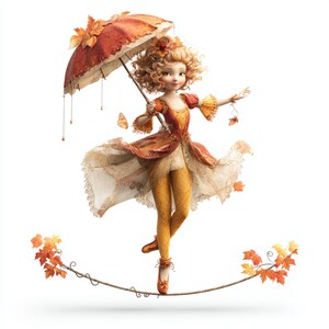 Tightrope Fairy, Autumn Circus, Whimsy Girl, Parasol Dancer, Fall Acrobat, Ballet Walker, Autumn Skies, Leaf Performer, Whimsical Style