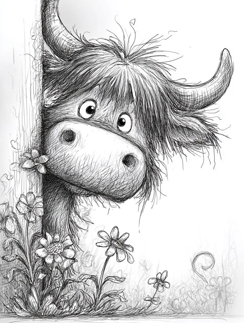 Spring Cow Drawings Highland Cow Peeking Around Fence With Spring Flowers CLIPART ...