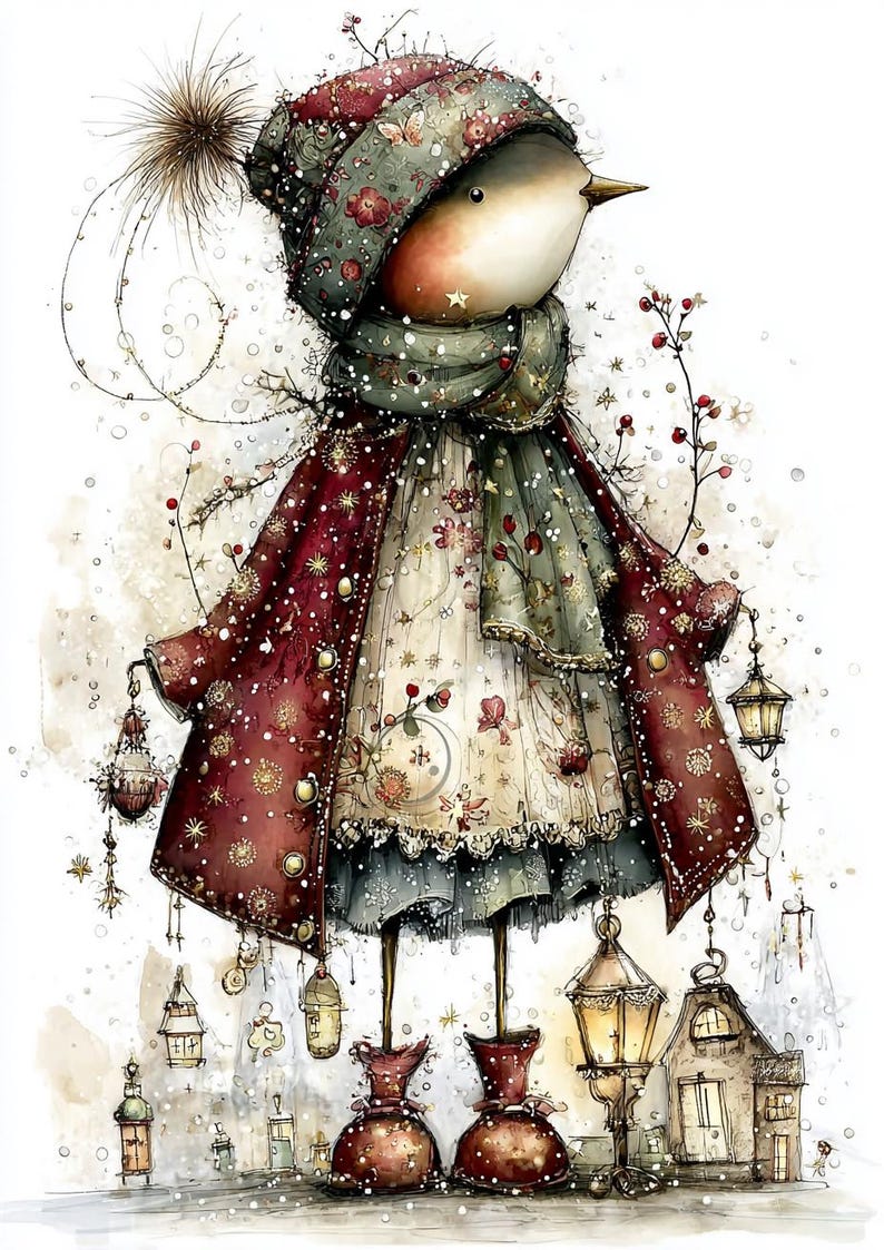 Whimsy Robin Christmas Robin PNG Set, Whimsical Winter Bird Clipart, Vintage Holiday ...
