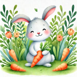 Mignonnes carottes, animaux de Pâques, jardin de carottes, fantaisie printanière, bestioles ludiques, aquarelle, images JPG