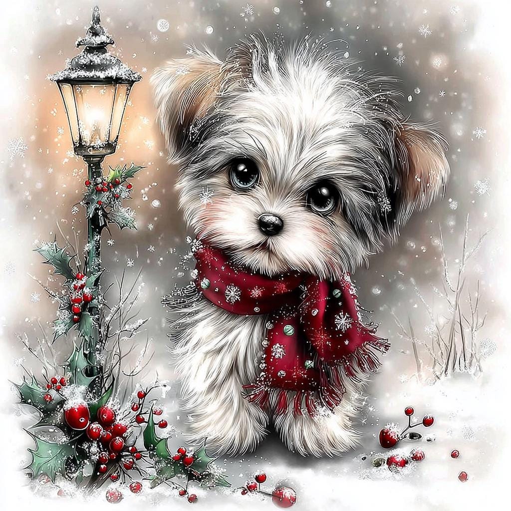 Christmas Puppy With Ornaments and Flowers, Cute Holiday Dog Art