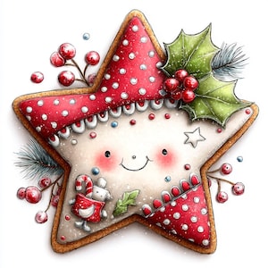 May include: A star-shaped Christmas cookie with a smiling face, decorated with red polka dots, holly, and berries. The cookie has a gingerbread-like appearance with a white frosted center and a small candy cane character.