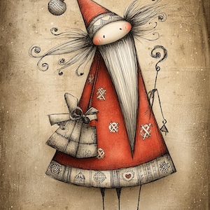 Könnte beinhalten: Skurrile Illustration einer Santa-ähnlichen Figur in rotem Mantel und Hut, die einen Stab hält. Die Figur hat einen langen weißen Bart, ein rundes Gesicht und trägt eine Geschenktüte. Das Kunstwerk hat einen Vintage-Stil mit handgezeichneten Details.