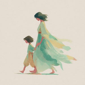 Peut inclure: Illustration à l'aquarelle d'une personne et d'un enfant marchant. La personne porte une robe fluide vert clair avec des accents jaunes. L'enfant porte une tenue assortie. Les deux personnages ont les cheveux foncés et marchent pieds nus.