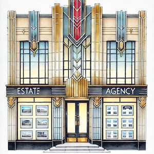 Agente inmobiliario de pueblo, agencia inmobiliaria, clipart de bienes raíces, clipart de escaparates, listados de propiedades, tienda de acuarela, arte de oficina inmobiliaria, archivos JPG