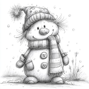 May include: A whimsical black and white illustration of a snowman. The snowman wears a striped scarf, a button-adorned coat, and a hat with a pom-pom. Snowflakes and grass are in the background. A charming winter-themed design.