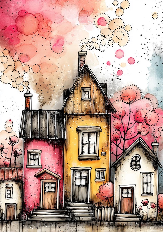 cottage artwork, cozy house art, whimsical cottage, red door house, watercolor home, village cottage, rustic home art, fairy tale house,