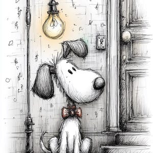 Op de afbeelding: Een zwart-wit illustratie van een cartoon hond met een rode vlinderdas, zittend onder een straatlantaarn met een brandende gloeilamp. De hond staat voor een deur. Het kunstwerk is uitgevoerd in een schetsstijl.