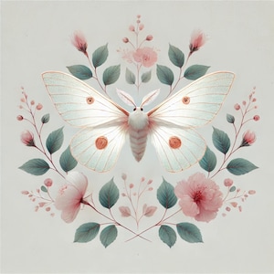 Blushfern, illustration de papillon de nuit, art botanique, design floral, impression minimaliste, esthétique vintage, tatouage naturel, décoration fantaisiste, images JPG