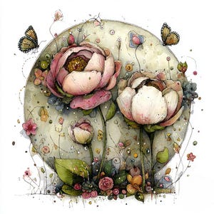 May include: Watercolor illustration of peonies and other flowers in a circular design. The flowers are in shades of pink and white, with green leaves and stems. Two butterflies are also present, adding to the whimsical feel of the artwork.