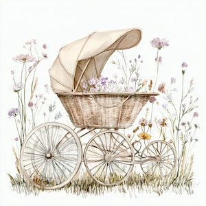 May include: A watercolour illustration of a vintage baby carriage with a wicker basket and cream-coloured canopy. The carriage is surrounded by wildflowers in shades of purple, pink, and yellow, set against a white background.