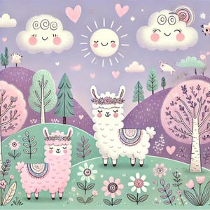 Love me LLama, lama fantaisiste, illustration mignonne, art pastel, thème des enfants, design ludique, fabrication de cartes, faire-part de bébé, images JPG