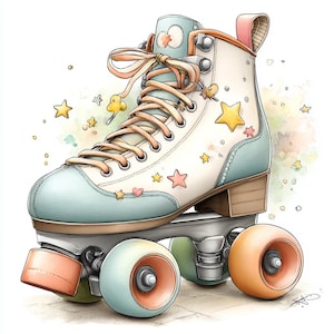 retro skates, pastelkleurige laarzen, quadwheels, rollerdisco, steraccenten, regenboogveters, schattige skater, vintage stijl, schaatsplezier