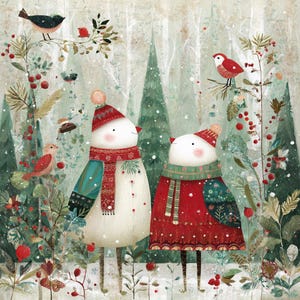 May include: A whimsical illustration of two bird-like figures in a snowy forest setting. They wear red and green scarves and hats, with a backdrop of evergreen trees and red berries. Several birds perch on branches, adding to the wintery scene.