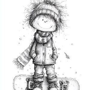 May include: A black and white illustration of a cartoon character wearing a winter hat, scarf, coat, and boots, standing on a skateboard. The character has a cheerful expression and is surrounded by falling snow.