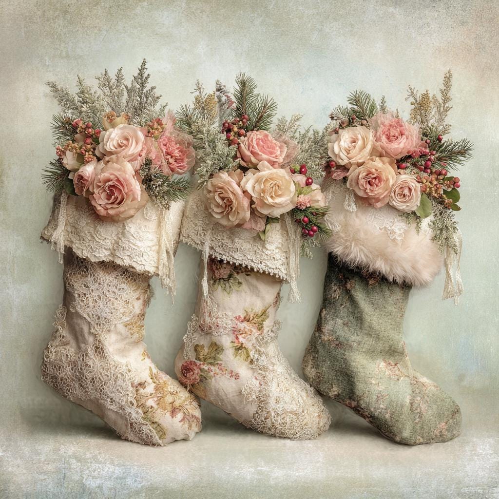 Vintage Stocking, Lace Christmas, Floral Boot Art, Shabby Chic Art
