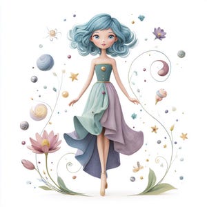 stardust spirit, fantasy flowers, whimsical magic, pastel illustration, dreamy art print, floral fantasy, magical character, ethereal decor,