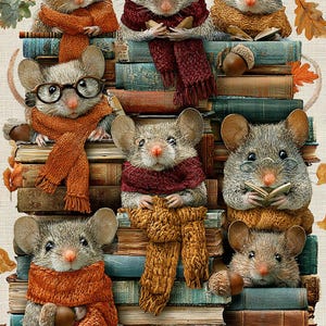 May include: A stack of vintage books featuring seven mice wearing knitted scarves in shades of orange and burgundy. Some mice wear glasses and hold small open books, while others hold acorns. The scene is decorated with scattered autumn leaves.