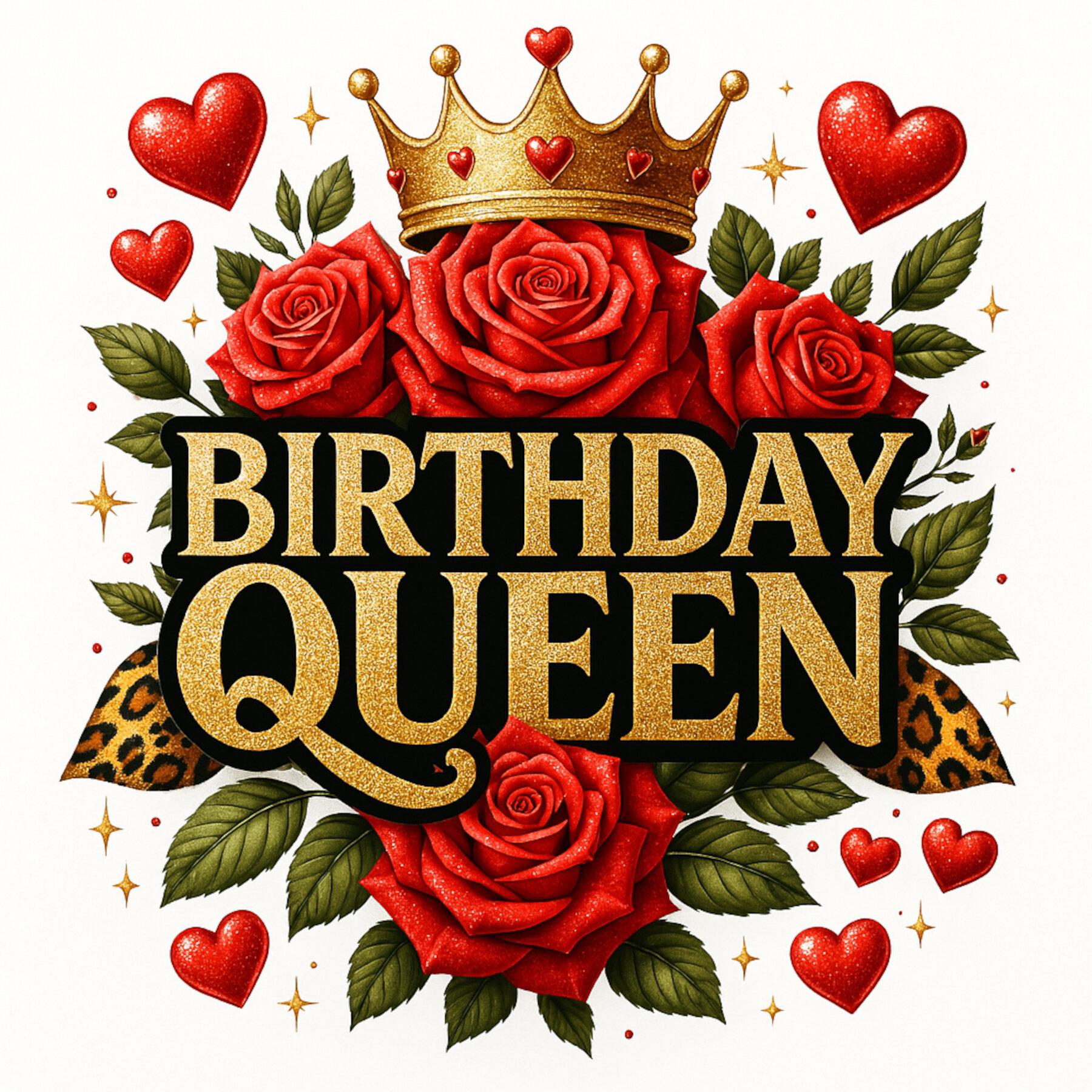 Birthday Queen, birthday queen art, glam crown clipart, glitter text design, birthday celebration, floral crown art, red rose clipart, JPGs