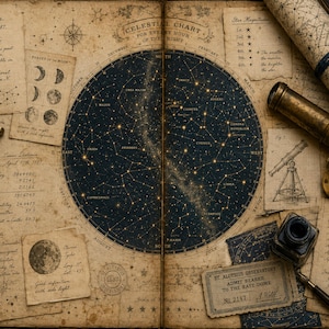 Pode incluir: Uma carta celeste antiga espalhada por duas páginas, apresentando um mapa estelar circular central, observações astronómicas manuscritas, diagramas de fases lunares, uma bússola de latão, um telescópio, um tinteiro e uma pena em papel pergaminho envelhecido.