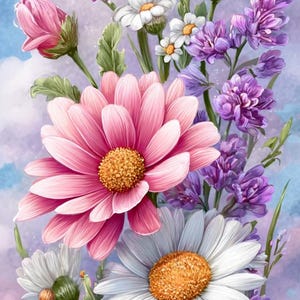 May include: A vertical floral arrangement featuring a variety of flowers in shades of pink, white, purple, and yellow. The arrangement includes daisies, a large pink flower, and other blossoms against a cloudy blue background.