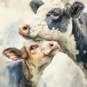 Peut inclure: Peinture à l'aquarelle de deux vaches, une adulte et un veau, aux couleurs douces et fondues. La vache adulte a des marques noires et blanches, tandis que le veau est un mélange de marron et de blanc. Les deux ont des nez roses et regardent vers le haut.