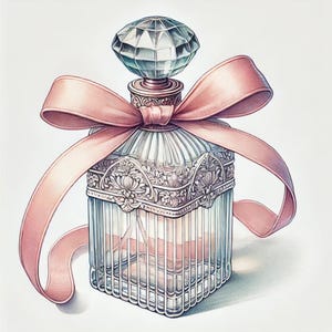 May include: A clear glass perfume bottle with a decorative silver cage design and a pink ribbon bow. The bottle has a crystal-like stopper.
