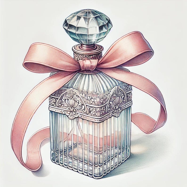 May include: A clear glass perfume bottle with a decorative silver cage design and a pink ribbon bow. The bottle has a crystal-like stopper.