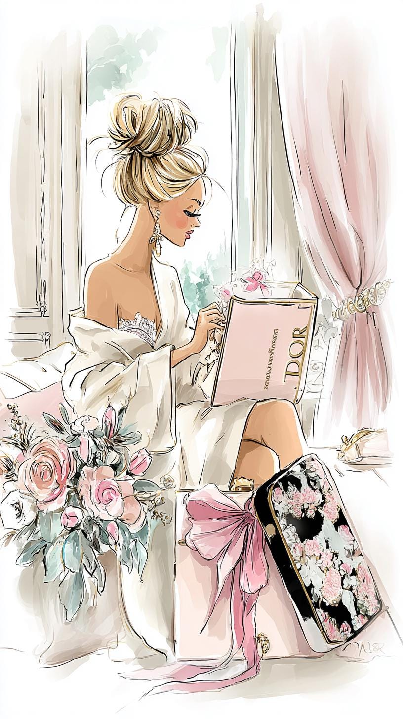 パリのファッションイラスト｜花を持つエレガントな女性（デジタル