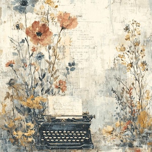 May include: An artistic print featuring a vintage typewriter with a sheet of paper, surrounded by watercolor flowers in shades of blue, orange, and yellow. The background has a textured, aged appearance, evoking a sense of nostalgia and creativity.