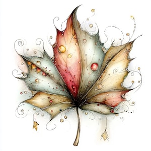 Puede incluir: Ilustración a la acuarela de una hoja de arce estilizada. La hoja presenta un degradado de colores, incluyendo rojo, rosa, verde y amarillo. Está adornada con pequeños detalles redondos en forma de burbujas y líneas delicadas y onduladas. La hoja tiene un aspecto texturizado y detallado.