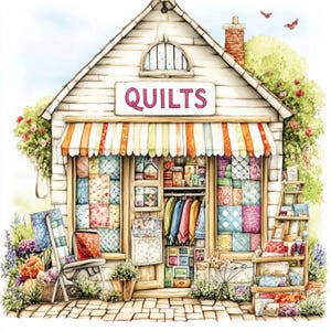 Quiltbutikskonst, Lapptäckesbutik, Sy-Clipart, Tygmarknad, Mysiga Quiltar, Quiltardekor, Hantverksbutik, Textilbutik, Handgjord butik