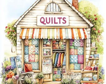 May include: Watercolor illustration of a quaint shop with a sign that reads "QUILTS". The shop has a striped awning and is filled with colorful quilts, fabric, and sewing supplies. A chair and flower baskets are in front of the shop.
