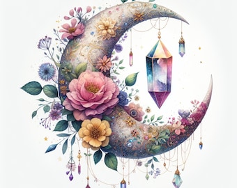 10 Celestial Moon images, Celestial moon clipart, Moon and Crystals, Crystal images, Crystal clipart, JPG images, 300dpi high resolution