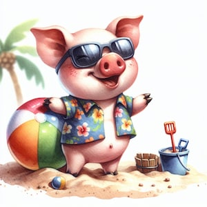 Cochons d'été, porcelets d'été, cochons de plage, animaux de la ferme ensoleillés, cochons tropicaux, animaux de compagnie d'été ludiques, images JPG, fabrication de cartes, scrapabooking