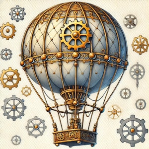 Balão steampunk, balão de engrenagem, voo vintage, dirigível mecânico, viagem aérea retrô, diários de lixo, scrapbooking, efêmeras, imagens JPG