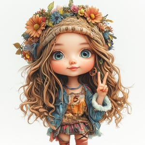 Fille bohème, clipart hippie, art du signe de la paix, art été pour filles, fille à couronne de fleurs, fille rétro, art féminin festival, bobo juvénile, été hippie